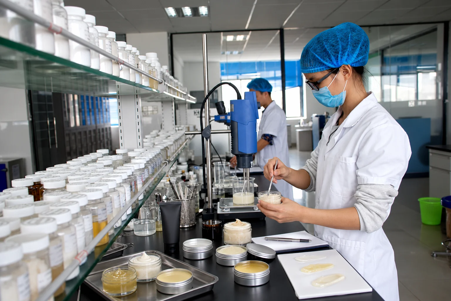 Scientist wearing a lab coat, hairnet, gloves, and mask testing cosmetic creams in a laboratory with shelves of jars and lab equipment.